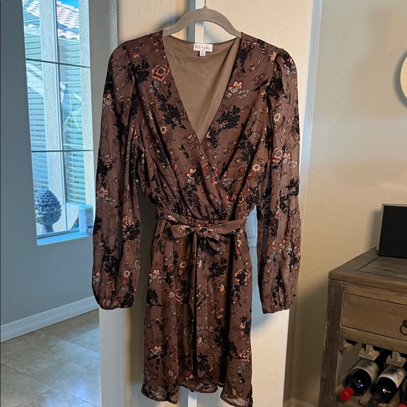KIT + SKY Brown Floral Long Sleeve Chiffon Dress - Picture 1 of 9